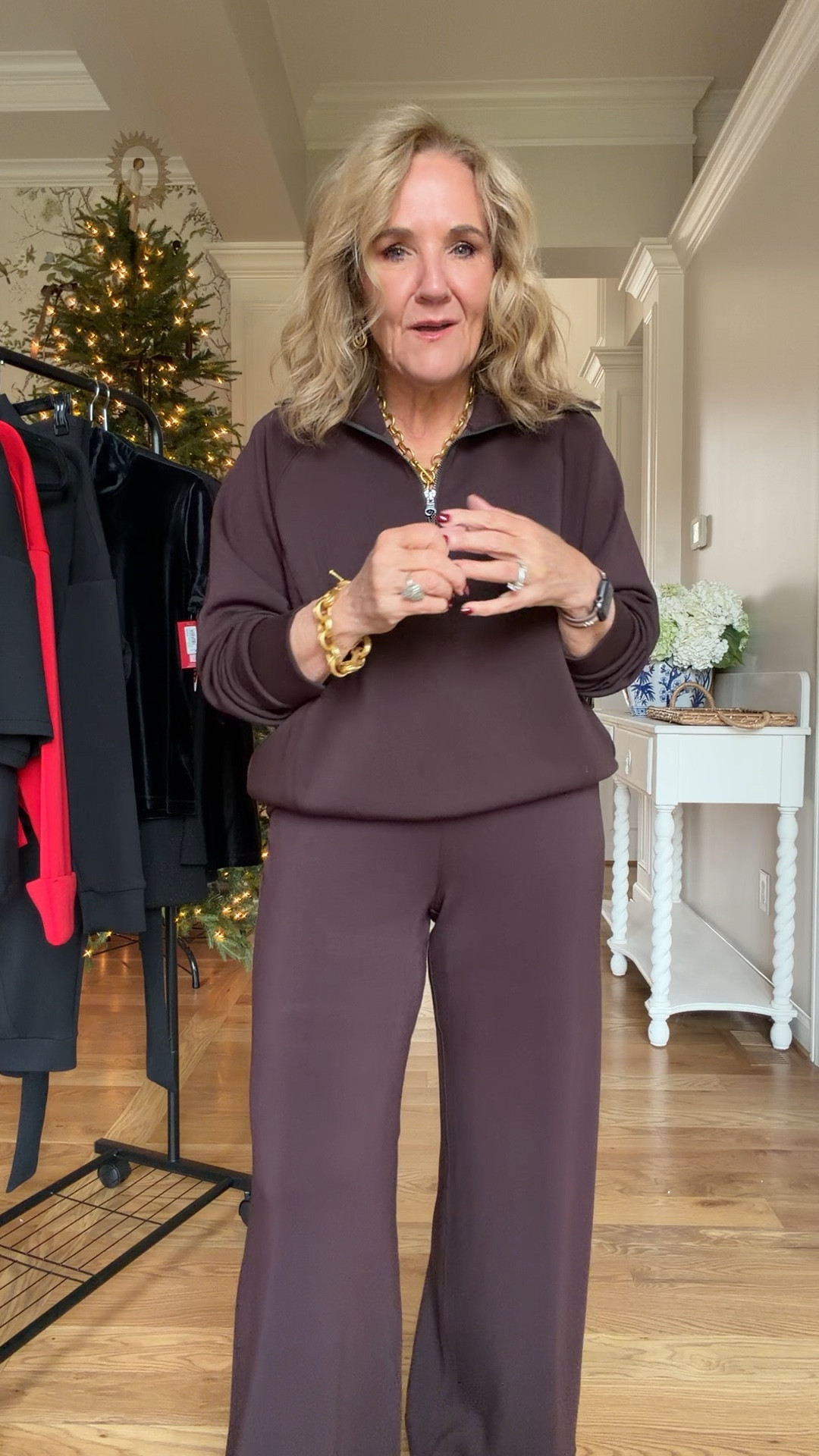 @spanx cyber sale 30% off 
The classic hair essentials set half zip size large so it hits lower on my hip and the drawstring wide leg pant. I’m wearing a medium petite.
Julie Vos has done great pieces on sale right now. This is the large honeybee necklace.




#LTKCyberWeek #LTKPetite #LTKOver40

#LTKU