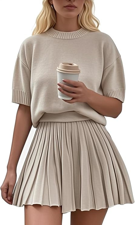 Womens 2 Piece Outfits Short Sleeve Crewneck Knit Tops And Pleated Mini Skirt Two Piece Sets | Amazon (US)
