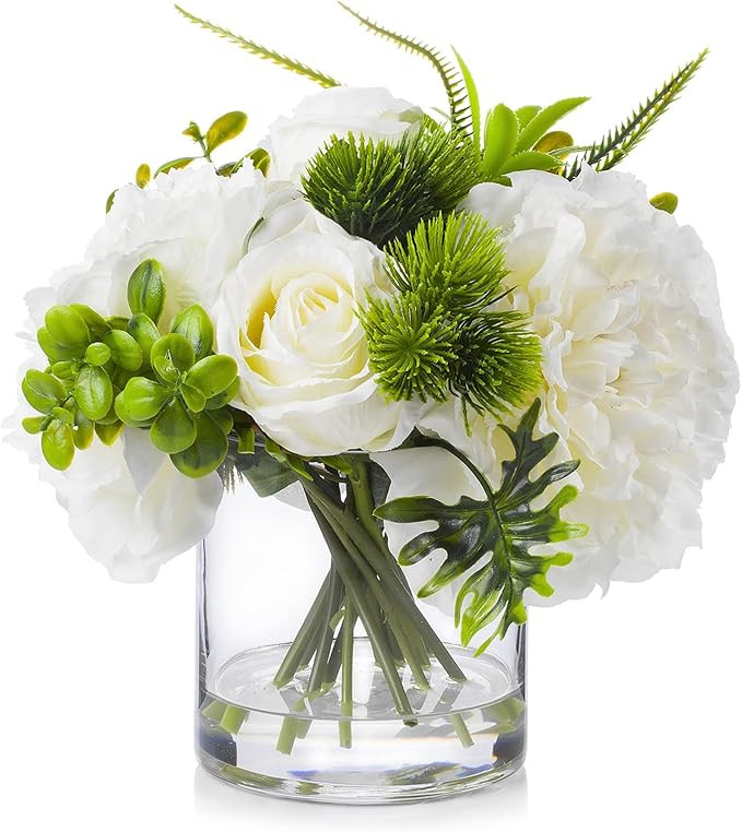 ENOVA FLORAL Artificial Rose Flowers in Vase, Mixed Fake White Rose and Silk Peonies in Vase with... | Amazon (US)