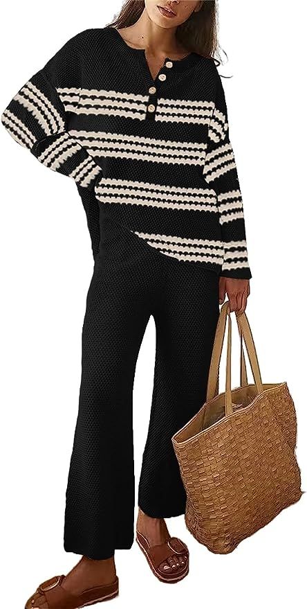 ETCYY NEW Women's 2023 Two Piece Trendy Outfits Lounge Sweater Sets Cozy Knit Pullover Wide Leg P... | Amazon (US)