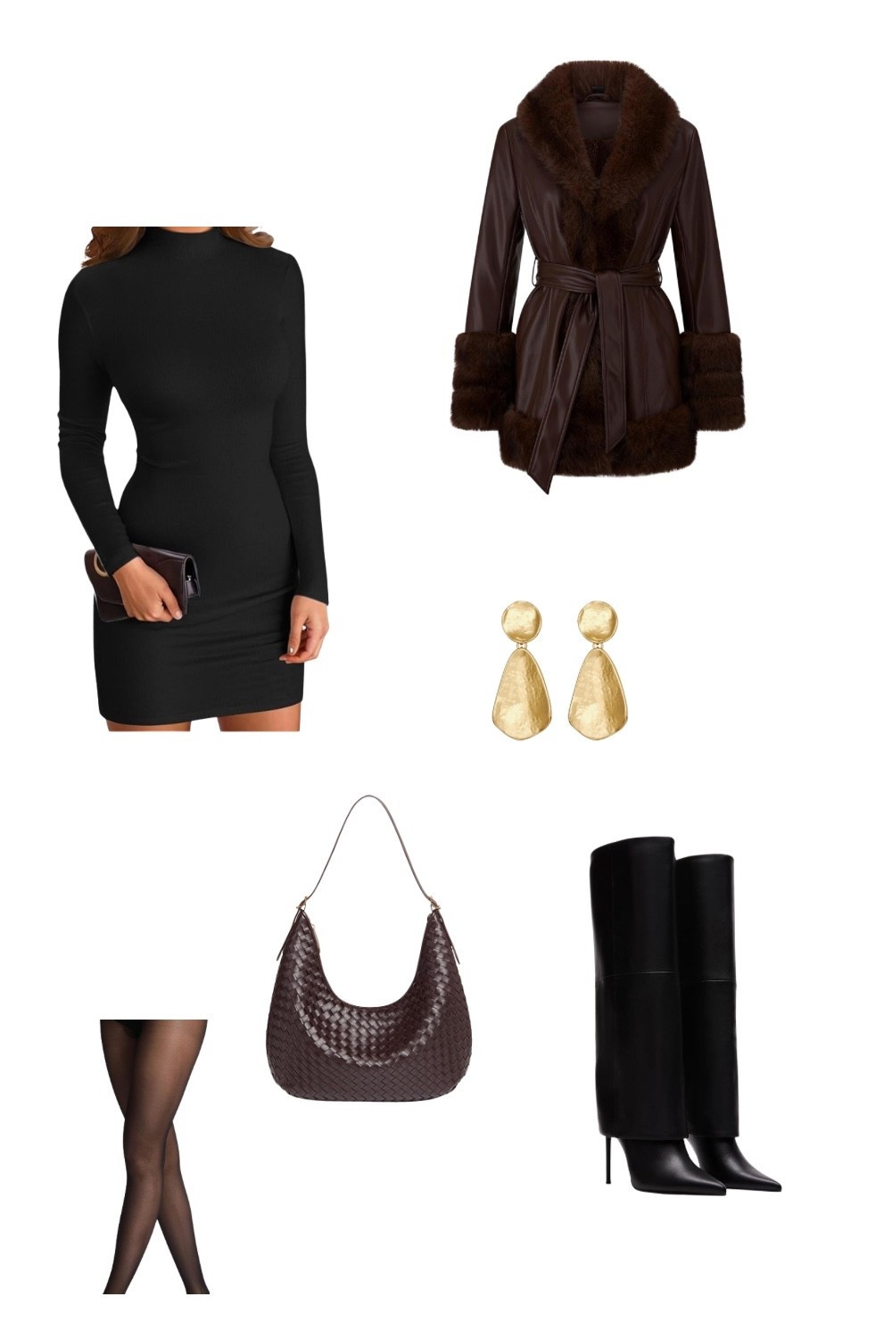 Thanksgiving

A chic winter night-out outfit featuring a sleek black long-sleeve mini dress, rich brown faux-fur trim jacket, sheer tights, and black stiletto knee-high boots. Paired with a woven brown shoulder bag and gold statement earrings for an elevated, luxe aesthetic. Perfect for date nights, holiday parties, or classy cold-weather events.
Keywords: winter outfit inspo, date night outfit, classy winter fashion, brown fur coat outfit, black mini dress outfit, knee-high boots style, chic aesthetic, cold weather style, luxury fashion inspiration.

#LTKgrwm #LTKHoliday #LTKStyleTip