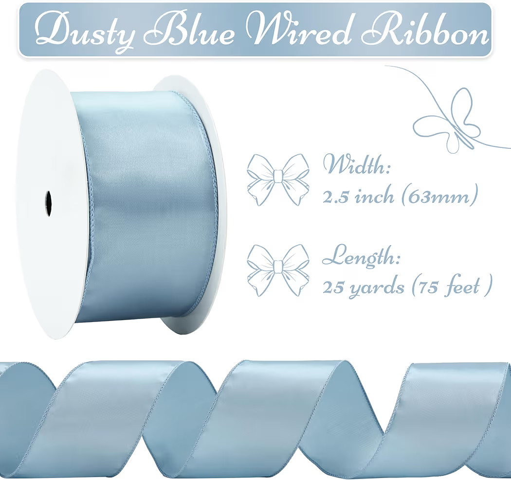Dusty Blue Satin Wired Ribbon 2.5" x 25 Yd, French Blue Wire Edge Decorative Ribbon for Wreaths S... | Amazon (US)