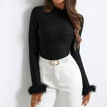 Women's Black Fuzzy Cuff Turtleneck Long Sleeve T-Shirt, Suitable For Party | SHEIN