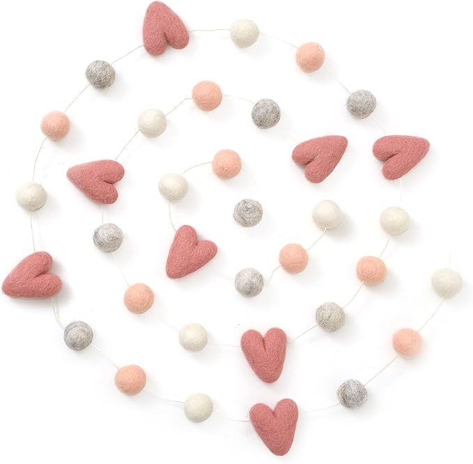 Glaciart One Pom Pom Garland - Wool Felt Ball Garland - 8 Feet, 27 Balls, 8 Hearts, Pastel Colors... | Amazon (US)
