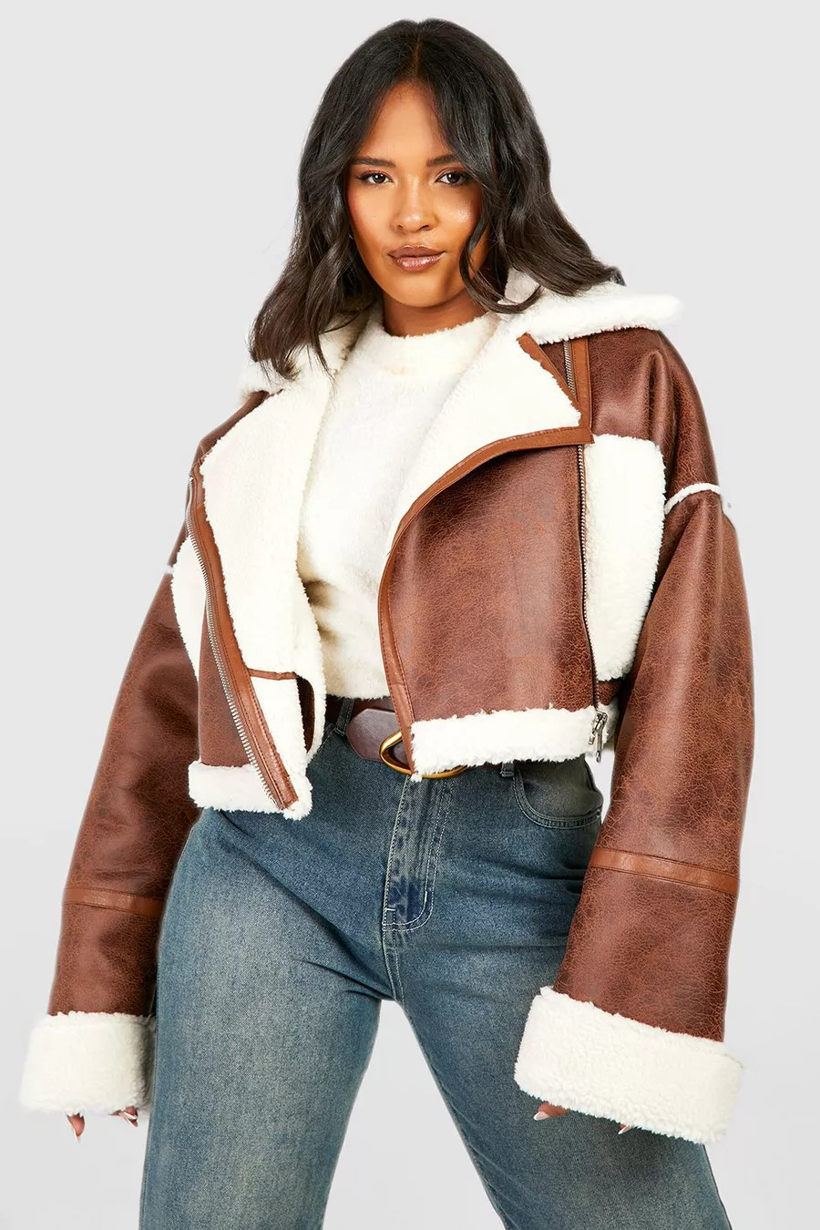 Plus Teddy Trim Cropped Aviator Jacket | boohoo (US & Canada)