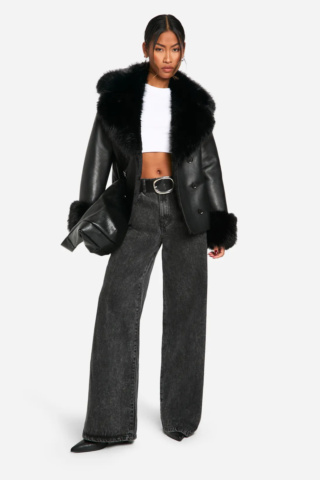 Faux Fur Collar Short Faux Leather Coat | boohoo (US & Canada)