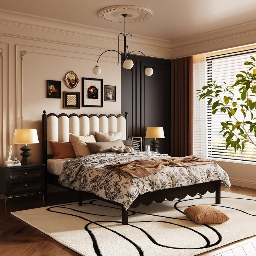 Wooden Queen Size Bed Frame, Leather Platform Bed with Tall Upholstered Headboard, Solid Wood Fou... | Amazon (US)