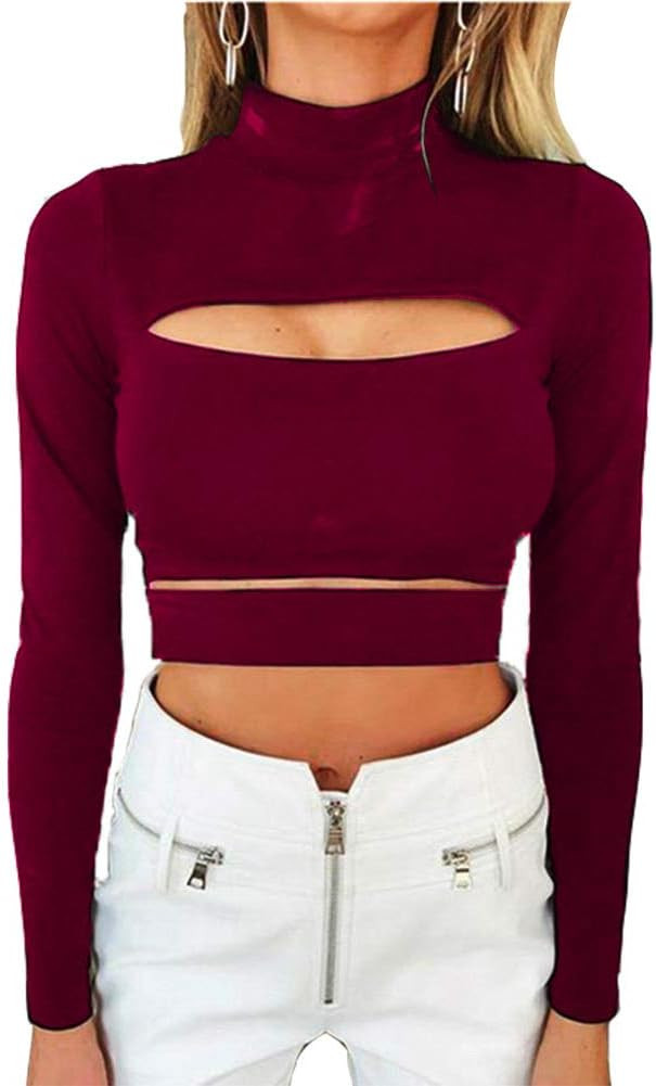 Susupeng Women Mock Neck Long Sleeve Cut Out Open Front Crop Top Tee Tops Slim Short T-Shirt | Amazon (US)