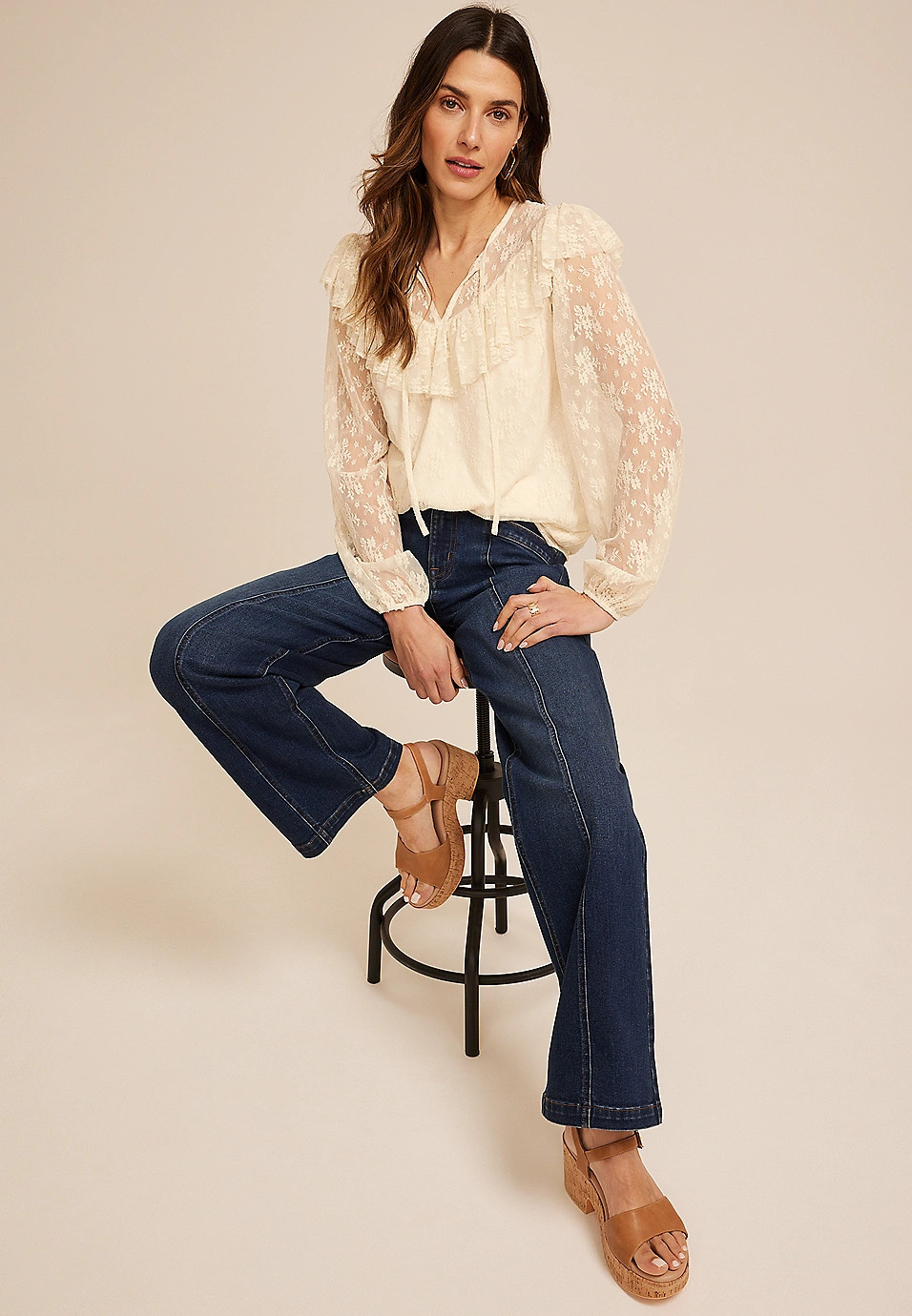Sheer Lace Ruffle Yoke Blouse | Maurices