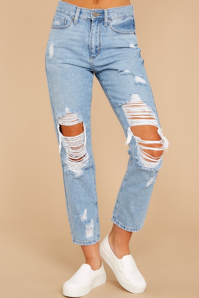 Unchained Hearts Light Wash Distressed Girlfriend Jeans | Red Dress 
