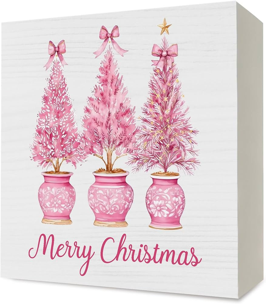 Pink Bow Chinoiserie Christmas Tree Wooden Box Sign Desk Decor, Preppy Pink Christmas Decor, Merr... | Amazon (US)