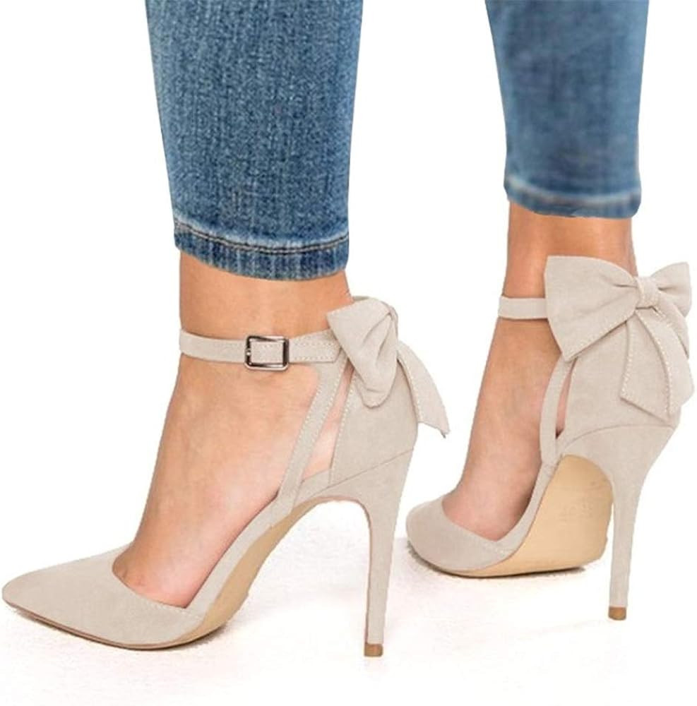 Fashare Womens High Heels Bow Tie Back Sexy Stiletto Ankle Strap Wedding Dress Pumps Shoes | Amazon (US)