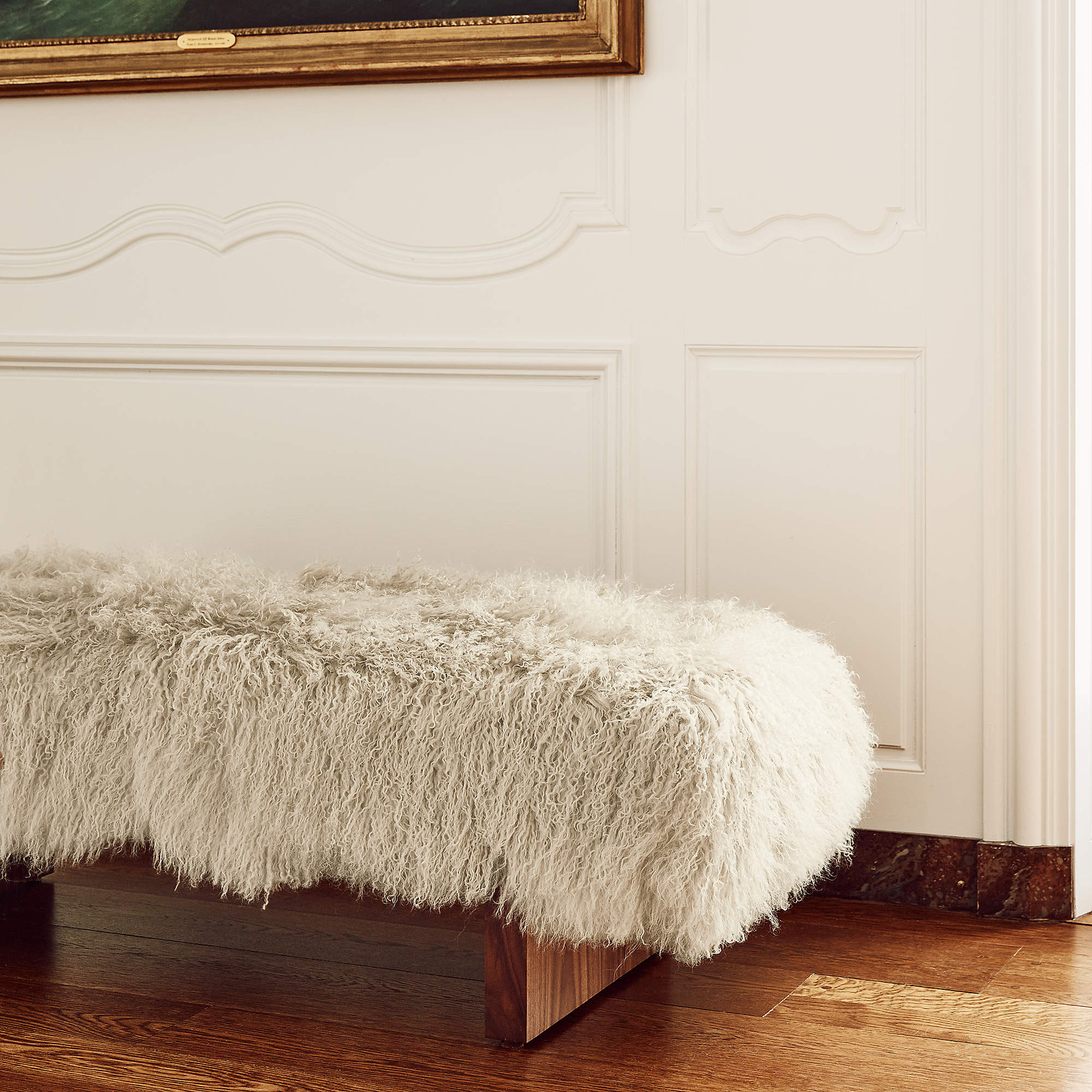 Socca 67'' Taupe Sheepskin Upholstered Bench + Reviews | CB2 | CB2