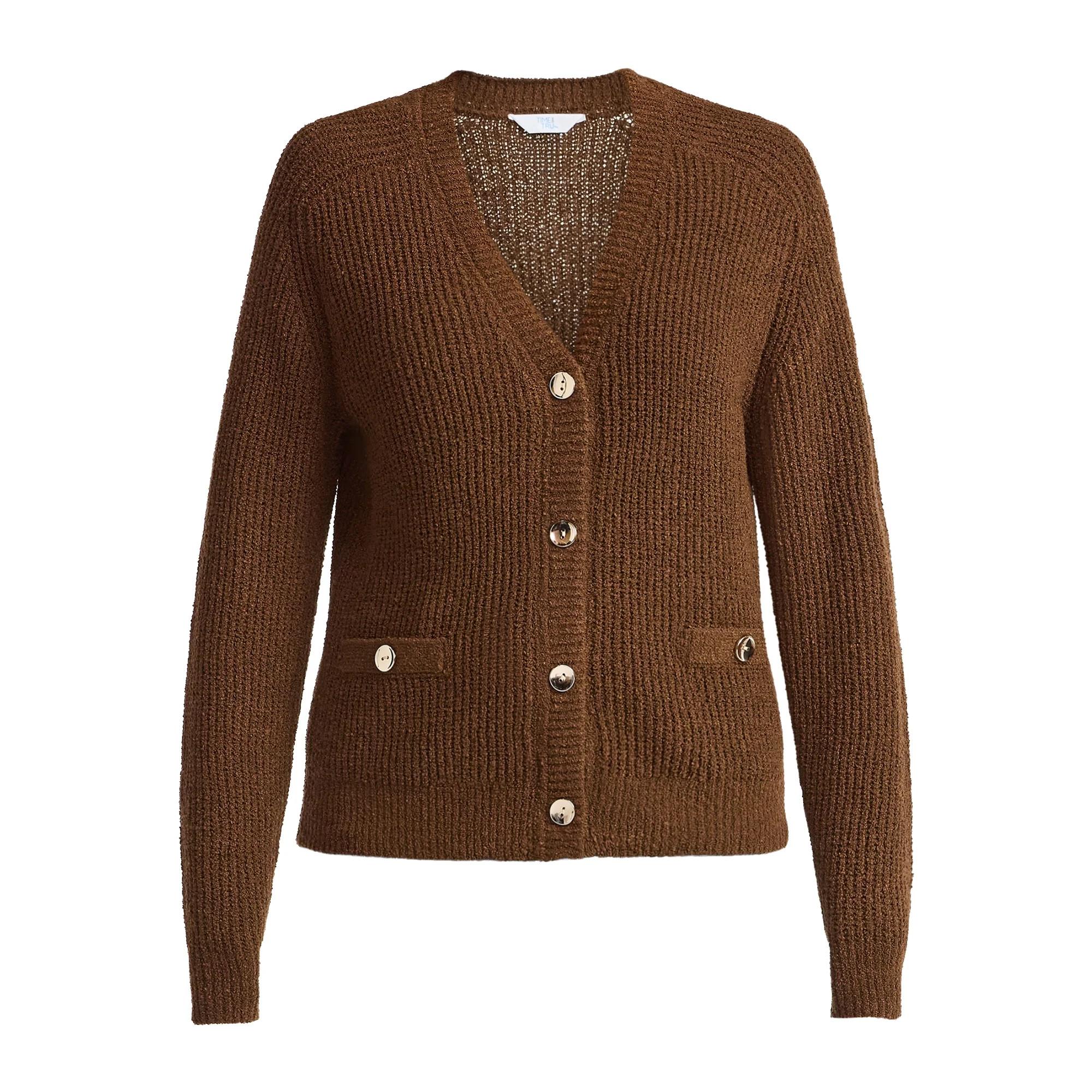 Time and Tru Women's V Neck Button Front Boucle Cardigan Sweater with Long Sleeves, Mid-weight, S... | Walmart (US)