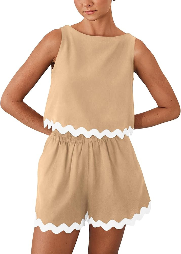 PRETTYGARDEN Womens 2 Piece Beach Vacation Cropped Tank Top High Waist Shorts Set | Amazon (US)