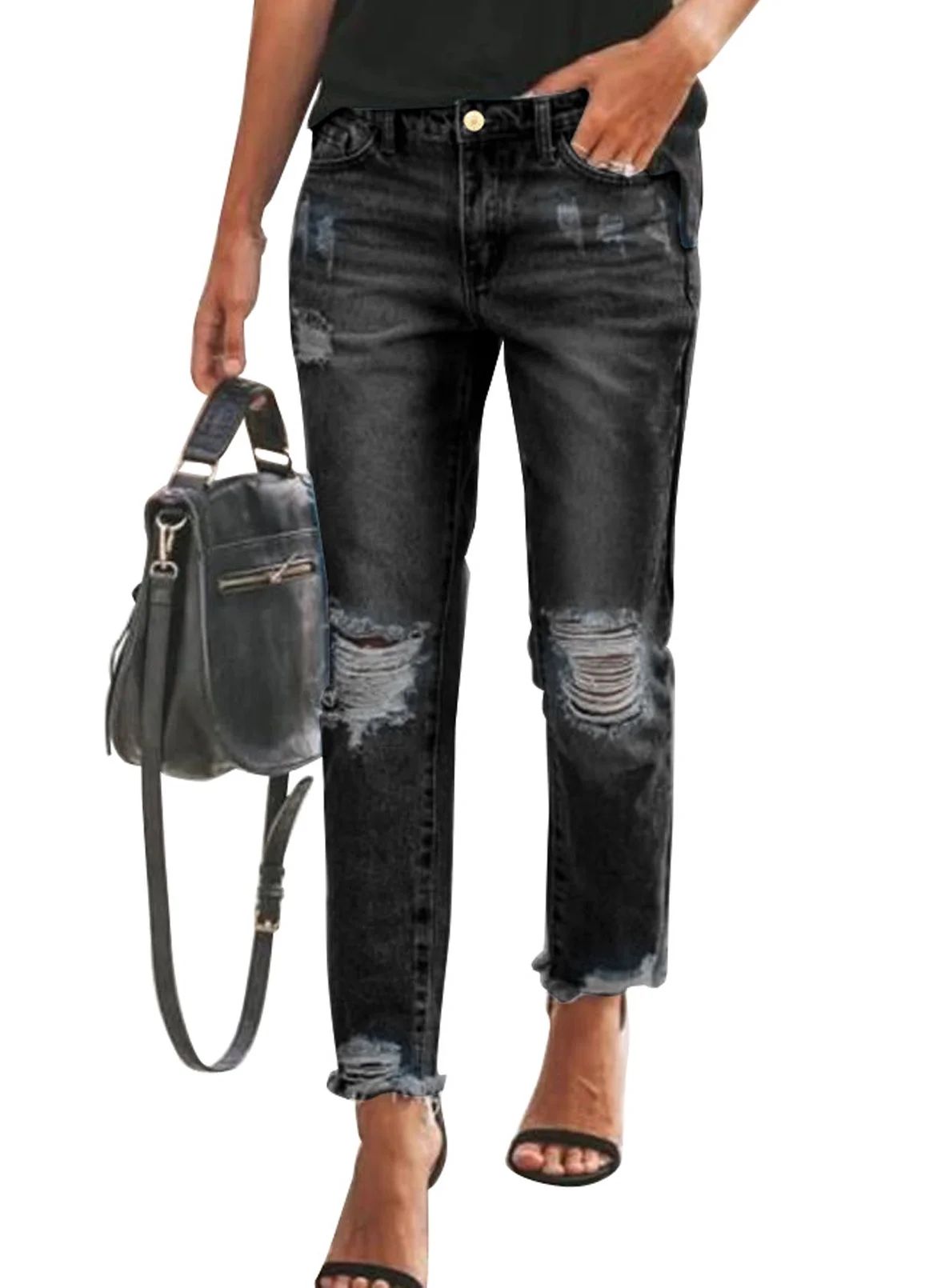 Sidefeel Women’s High Rise Totally Shaping Skinny Jeans Stretch Distressed Ripped Denim Pants S... | Walmart (US)