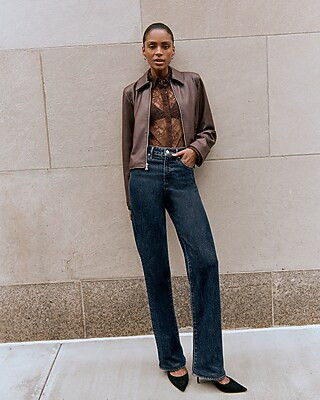 High Waisted Dark Wash Relaxed Straight Jeans | Express