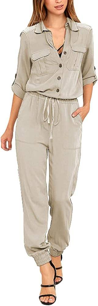 VamJump Womens Casual 3/4 Sleeve Elastic Drawstring Waist Jumpsuits Rompers with Pockets | Amazon (US)