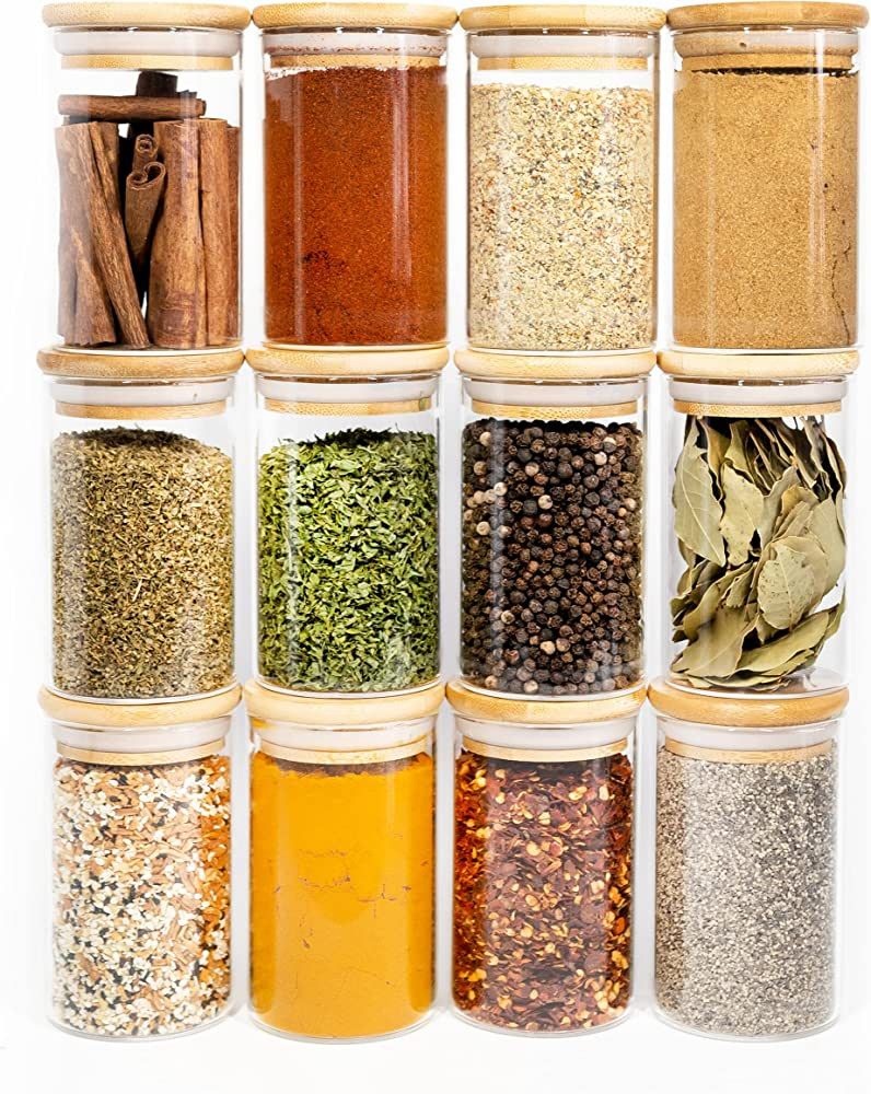 12 Natural Bamboo Spice Jars - 8.5oz Large Spice Jars with Bamboo Lids - Seasoning Glass Jars wit... | Amazon (US)
