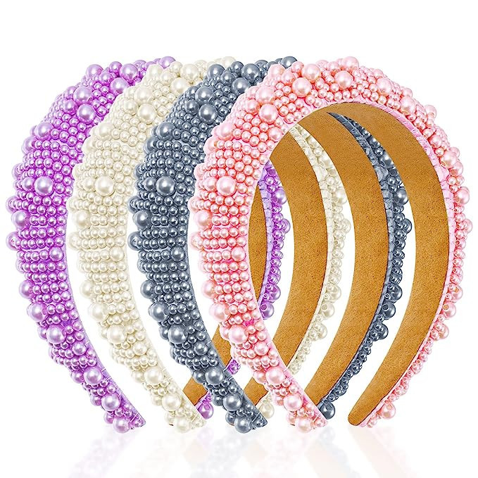 4 Pcs Faux Pearl Headband Wide Hairbands Bridal Headband Beaded Headband Padded Thick Head Band W... | Amazon (US)