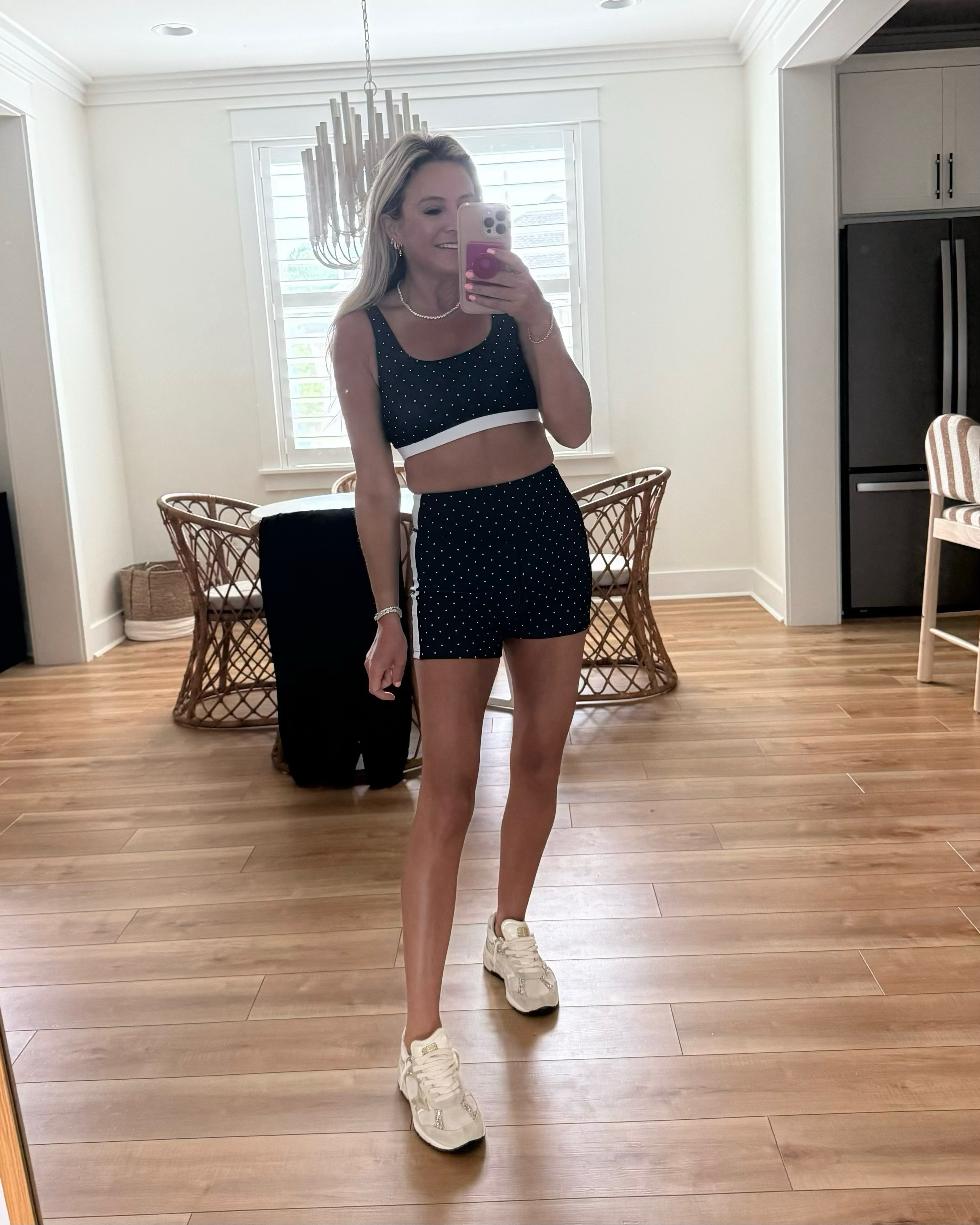 This matching black workout set is equal parts sporty and feminine! The tiny dotted detail and white trim make it feel a little more elevated than your basic activewear. Perfect for Pilates, walking, or a cute athleisure look 

 #LTKselfcare #LTKActive