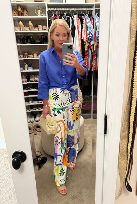 Summer outfit idea with printed pants. Vacation outfit as seen in my latest YouTube video. 
Everything true to size. 

#LTKOver40 #LTKTravel #LTKFindsUnder100