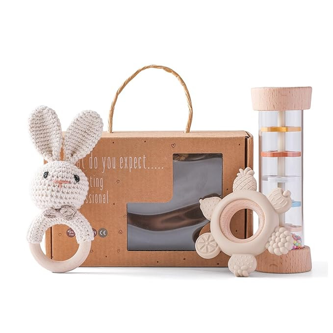 Youuys Wooden Baby Rattle Set (3pcs) - Crochet Rattle Rain Stick Teething Toys, Wooden Montessori... | Amazon (US)