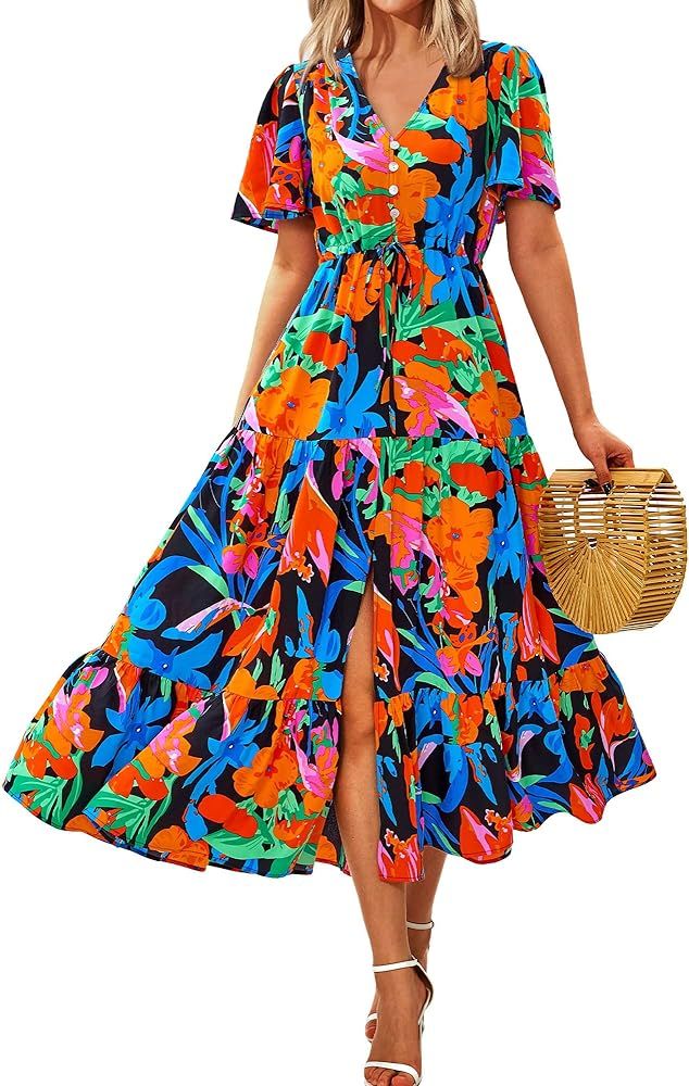 Zenlonr Women Summer Dresses 2024 Casual Short Sleeve V Neck Split Maxi Dress Button Drawstring B... | Amazon (US)