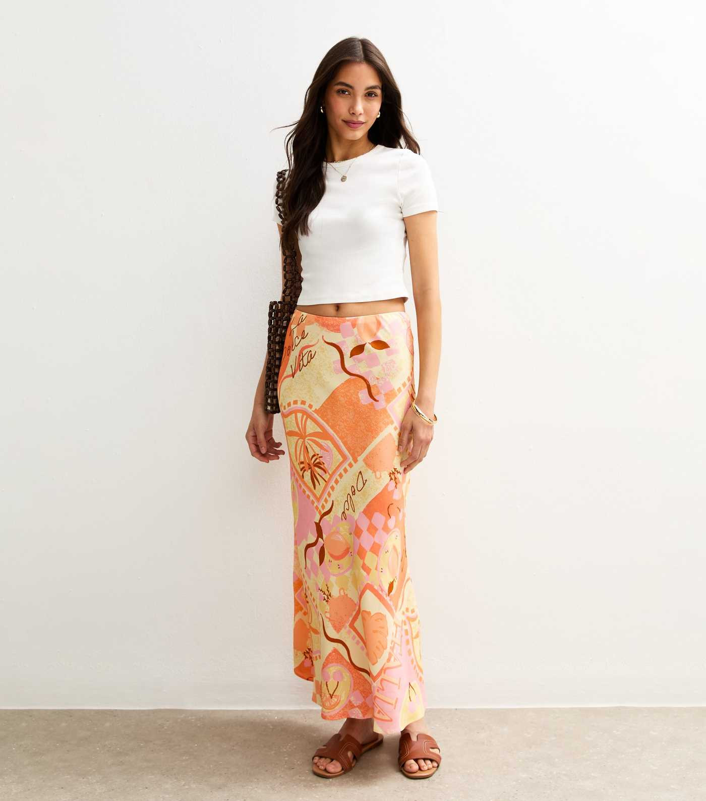 Orange La Dolce Vita Bias Cut Print Midi Skirt  | New Look | New Look (UK)