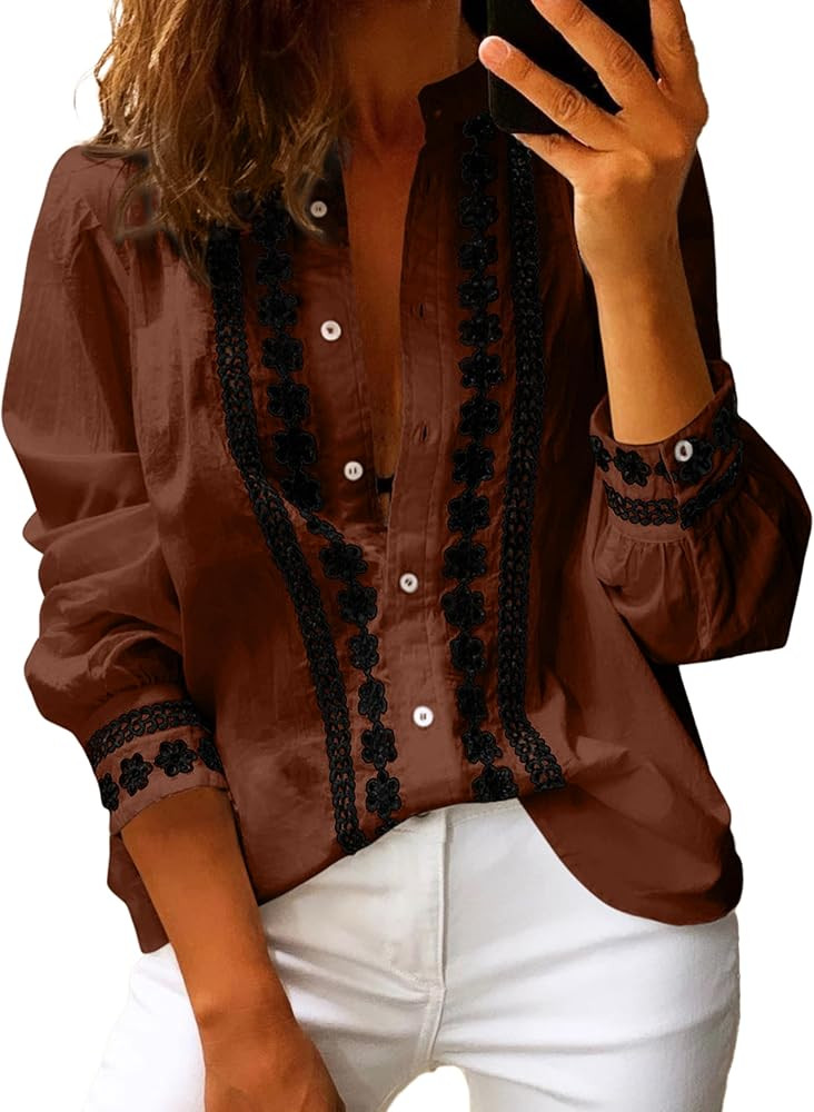 Theenkoln Womens Work Button Blouses: Long Sleeve V Neck Lace Casual Button Down Fall Trendy Shir... | Amazon (US)