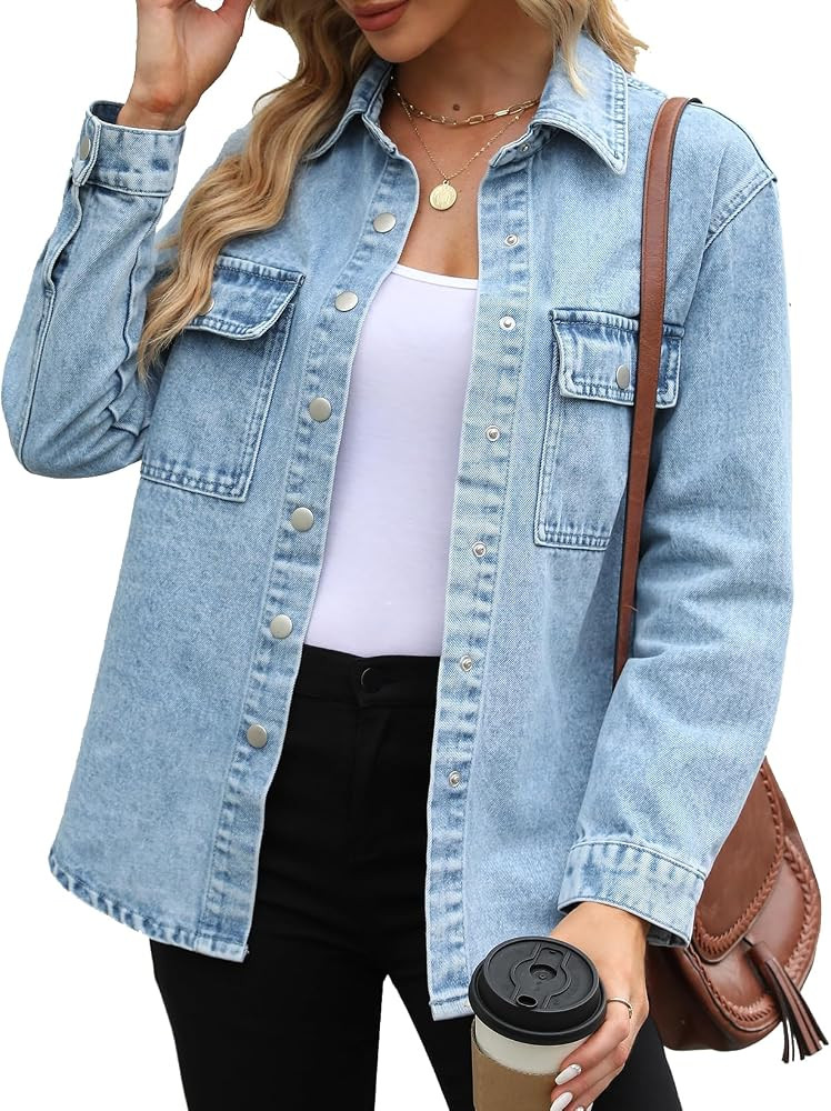 Kedera Women's Oversized Button Down Denim Jacket Casual Long Sleeve Boyfriend Jean Coats Shacket | Amazon (US)