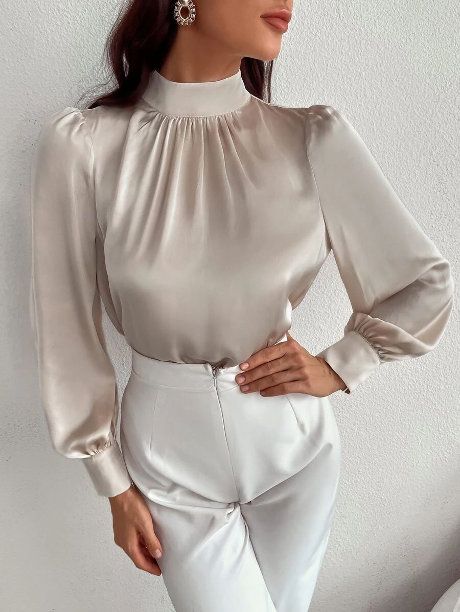 Satin Mock Neck Puff Sleeve Blouse | SHEIN