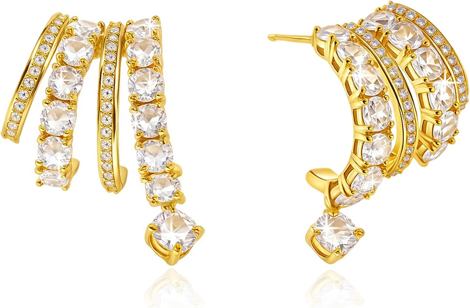 Triple Hoop Illusion Stud Earring for Women – 14K Gold Plated Unique Diamond Huggie Stud Earrin... | Amazon (US)