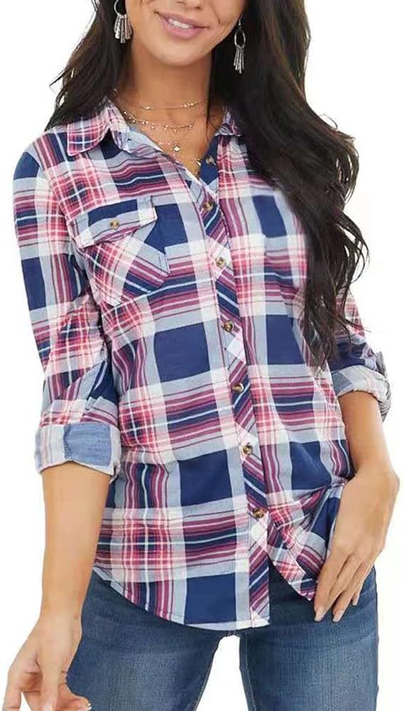 NUOREEL Women's Classic Plaid Shirt Button Down Shirts Roll Up Long Sleeve Cuffed Shirts | Amazon (US)