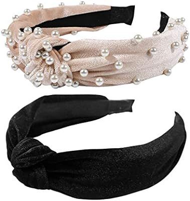 2Pcs Headbands for Women, BEBEEPOO Pearl Headbands with Velvet Knotted Wide Headbands, Faux Pear... | Amazon (US)