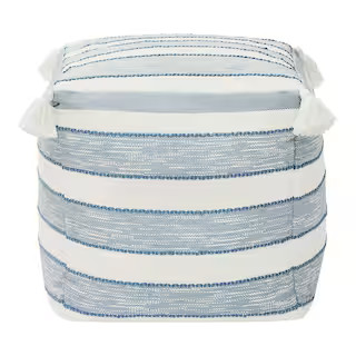 Hampton Bay 18 in. x 18 in. x 18 in. White and Blue Square Outdoor Pouf with Tassel ZZ-PF-WB25 - ... | The Home Depot
