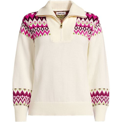 Women's Plus Size Drifter Slim Jacquard Quarter Zip Sweater - Lands' End - Pink - 1X | Lands' End (US)