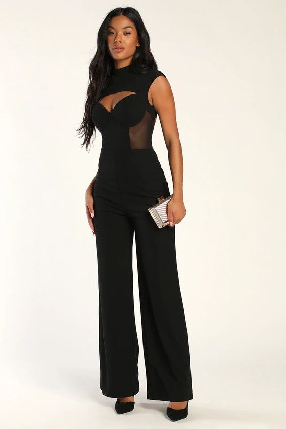 All The Allure Black Cutout Mesh Backless Jumpsuit Outfit | Fall Going Out Outfits Fall Outfits 2022 | Lulus (US)