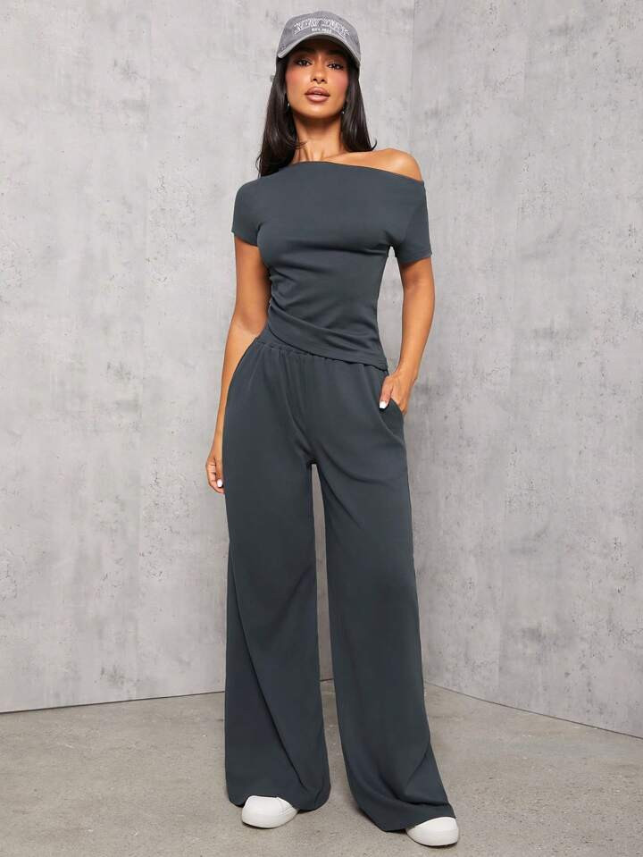 SHEIN PETITE Dark Gray Knitted Women's Slim Fit Suit | SHEIN
