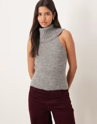 Gina Tricot chunky knit sleeveless high neck top in mid heather gray | ASOS (Global)