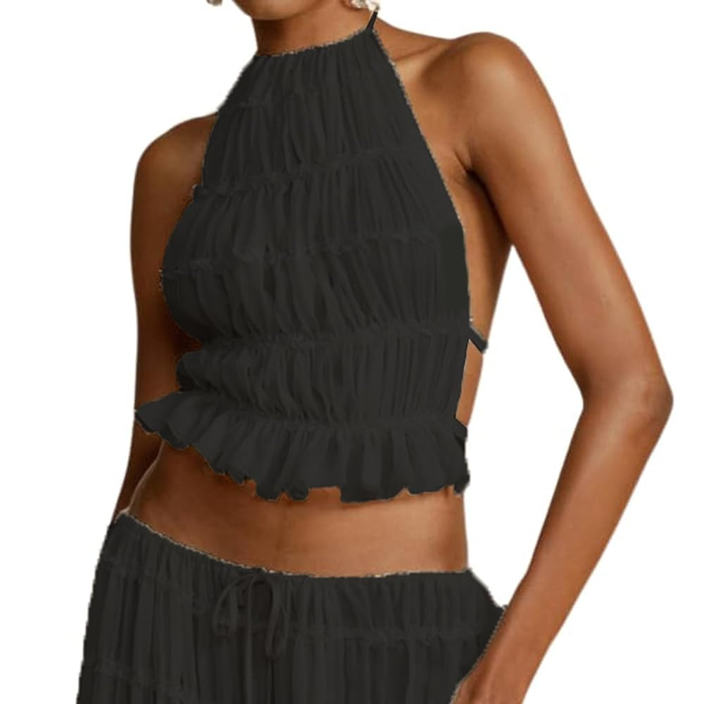 Women Sexy Open Back Halter Tops Tie Backless Ruched Ruffle Crop Tops Beach Vacation Going Out To... | Amazon (US)