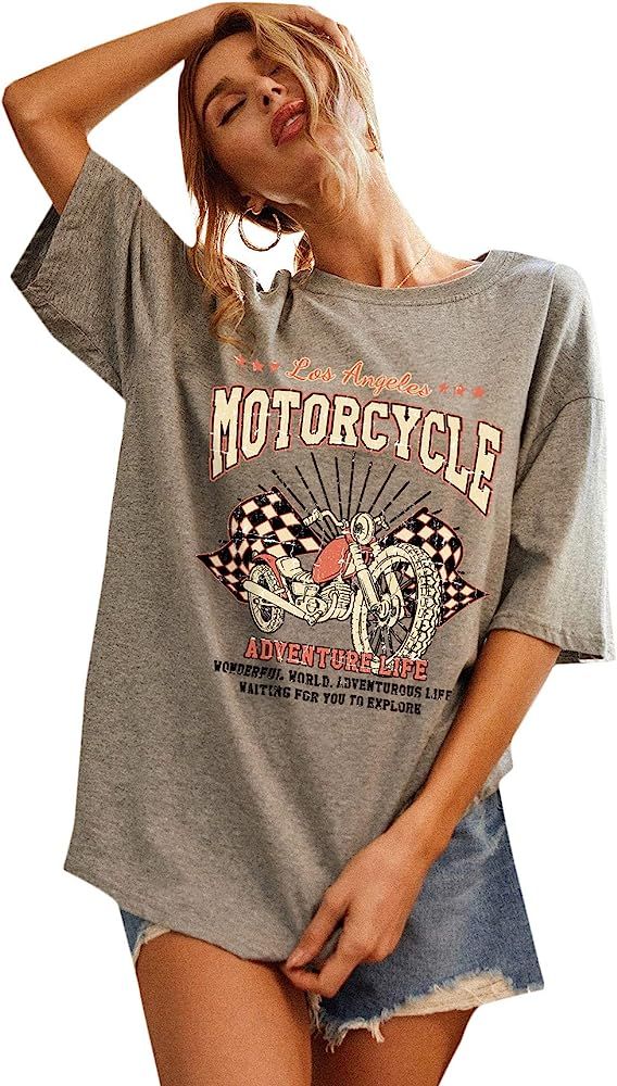 Romwe Women's Vintage Motorcycle Graphic Print Oversized T Shirt Short Sleeve Loose Tee Tops | Amazon (US)
