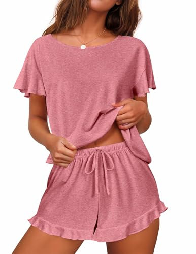 Ekouaer Women's Pajama Set Ruffle Sleeves Top and Short Soft 2 Piece Loungewear Set | Amazon (US)