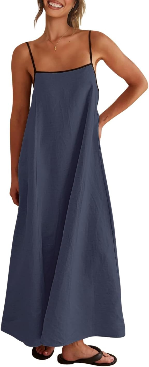 Shy Velvet Women's 2025 Summer Linen Maxi Dress Contrast Spaghetti Strap Dress Backless Sleeveles... | Amazon (US)