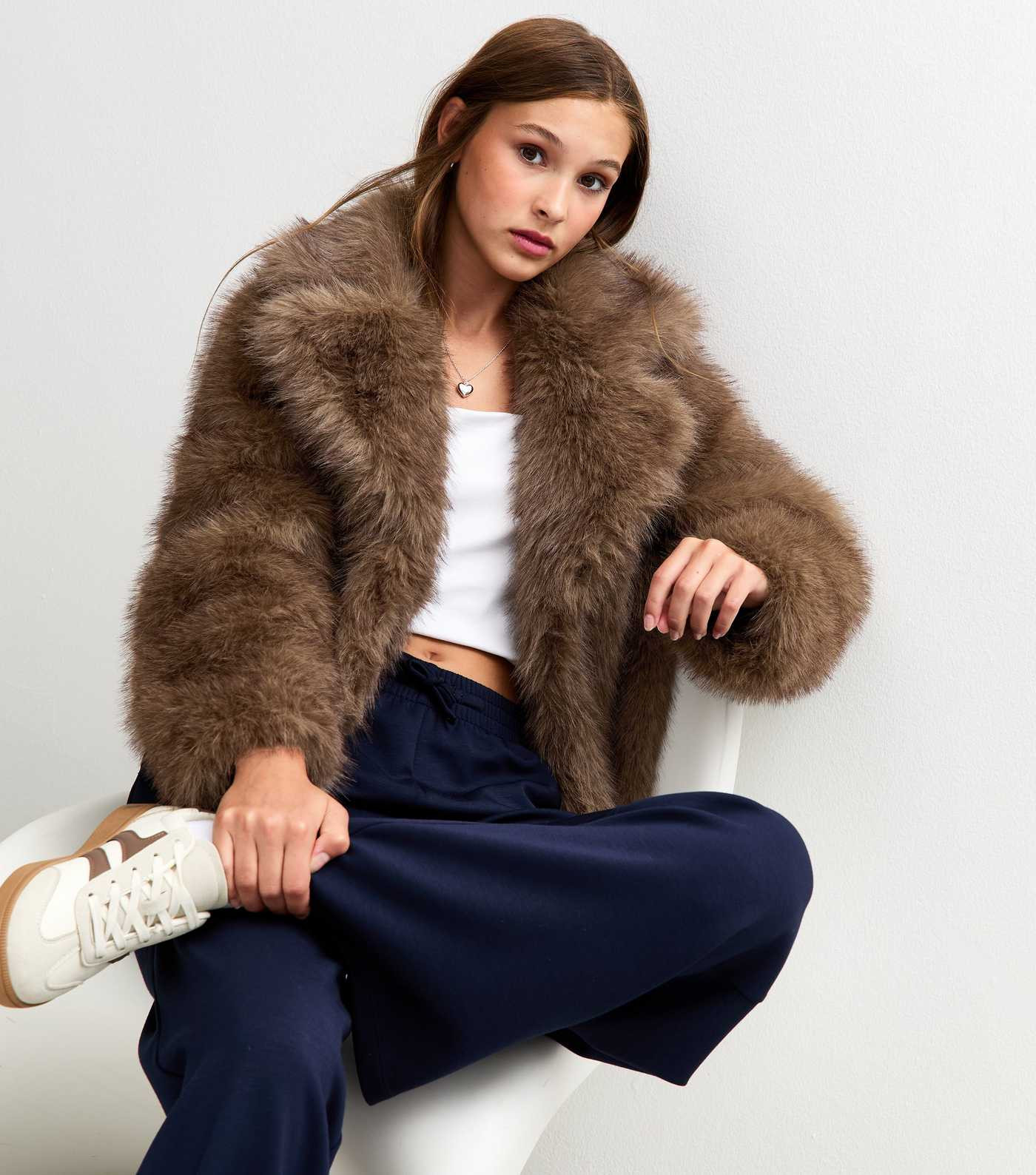 Girls Dark Brown Faux Fur Short Coat | New Look | New Look (UK)