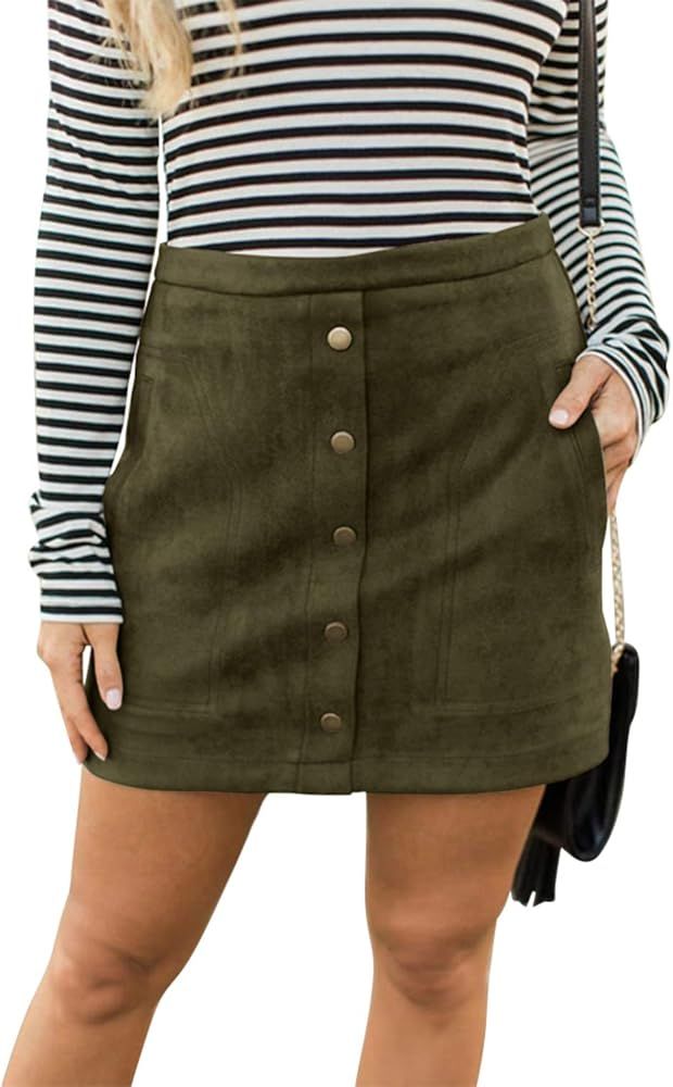 PERSUN Women's High Waist Faux Suede Button Front Plain A-Line Mini Skirt | Amazon (US)