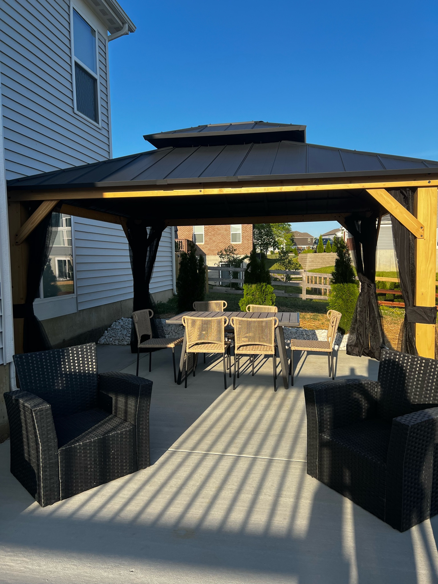Backyard patio ideas are coming along now with our wooden gazebo (I love that it comes with the mosquito netting) and our super cute boho dining table and chairs set ! Waiting on a few more things to come in and will link it all 🥰

#LTKSeasonal #LTKSaleAlert #LTKHome