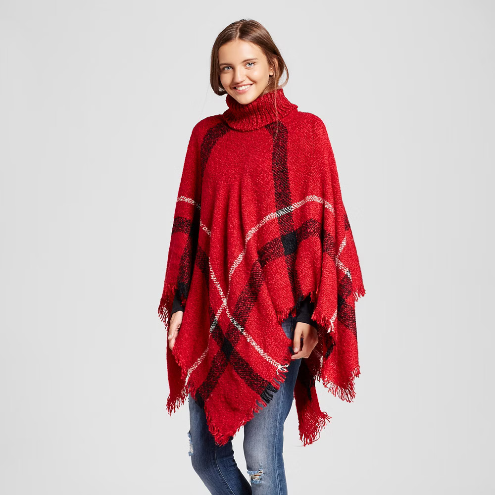 Women's Plaid Poncho Turtleneck Burgundy (Red) - Sylvia Alexander | Target