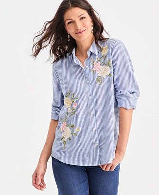 Women's Embroidered Stripe Perfect Shirt, Macy's Exclusive | Macy's