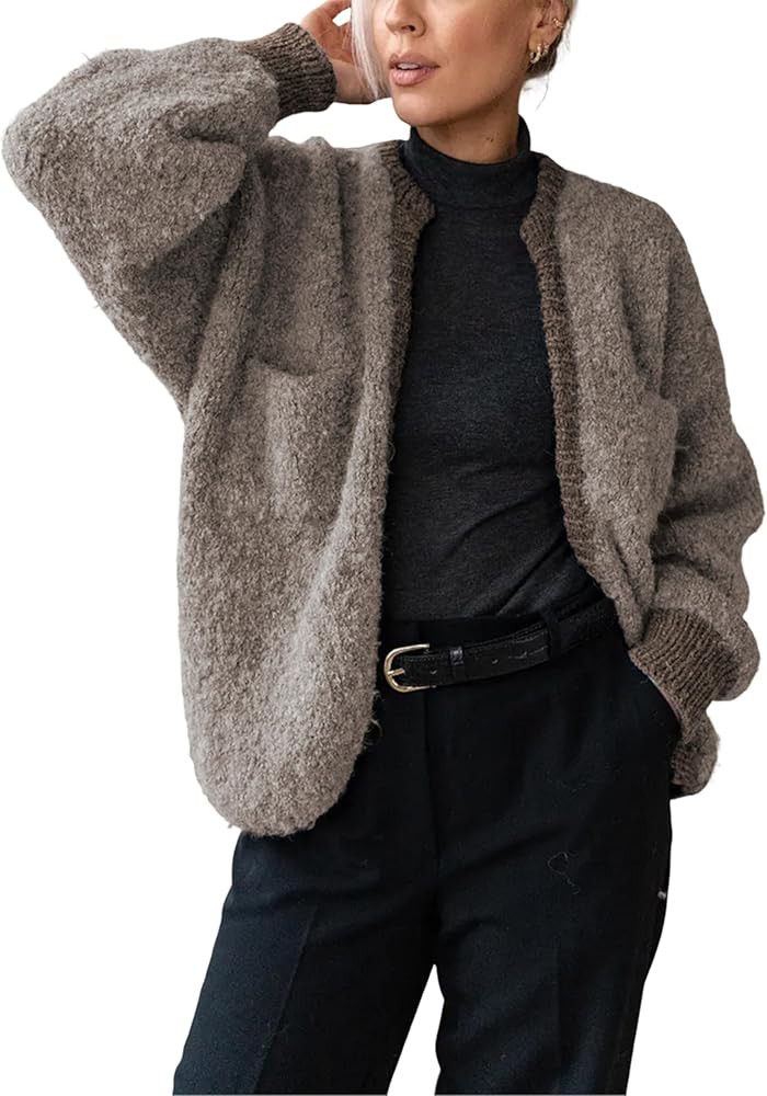 Springrain Womens Open Front Cardigan Color Block Long Sleeve Chunky Cardigan Loose Knit Sweaters... | Amazon (US)